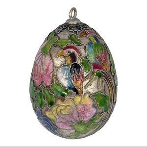 Vintage Faberge Cloisonné  Enamel Heaven Bird Flower Silver Large Egg Ornament